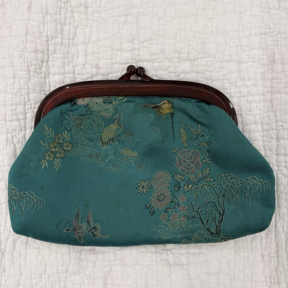 VTG Chinese Brocade Clutch Purse Turquoise Pagoda Floral Kiss Lock Handbag